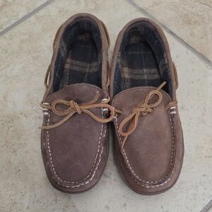 NWOT L.L.Bean Men's Handsewn Brown Leather Flannel-Lined Slippers Size 8